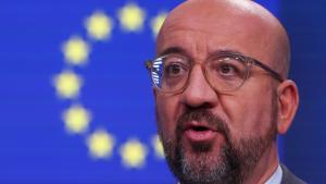 El presidente del Consejo europeo, Charles Michel, este martes durante la rueda de prensa que ha ofrecido en Bruselas.