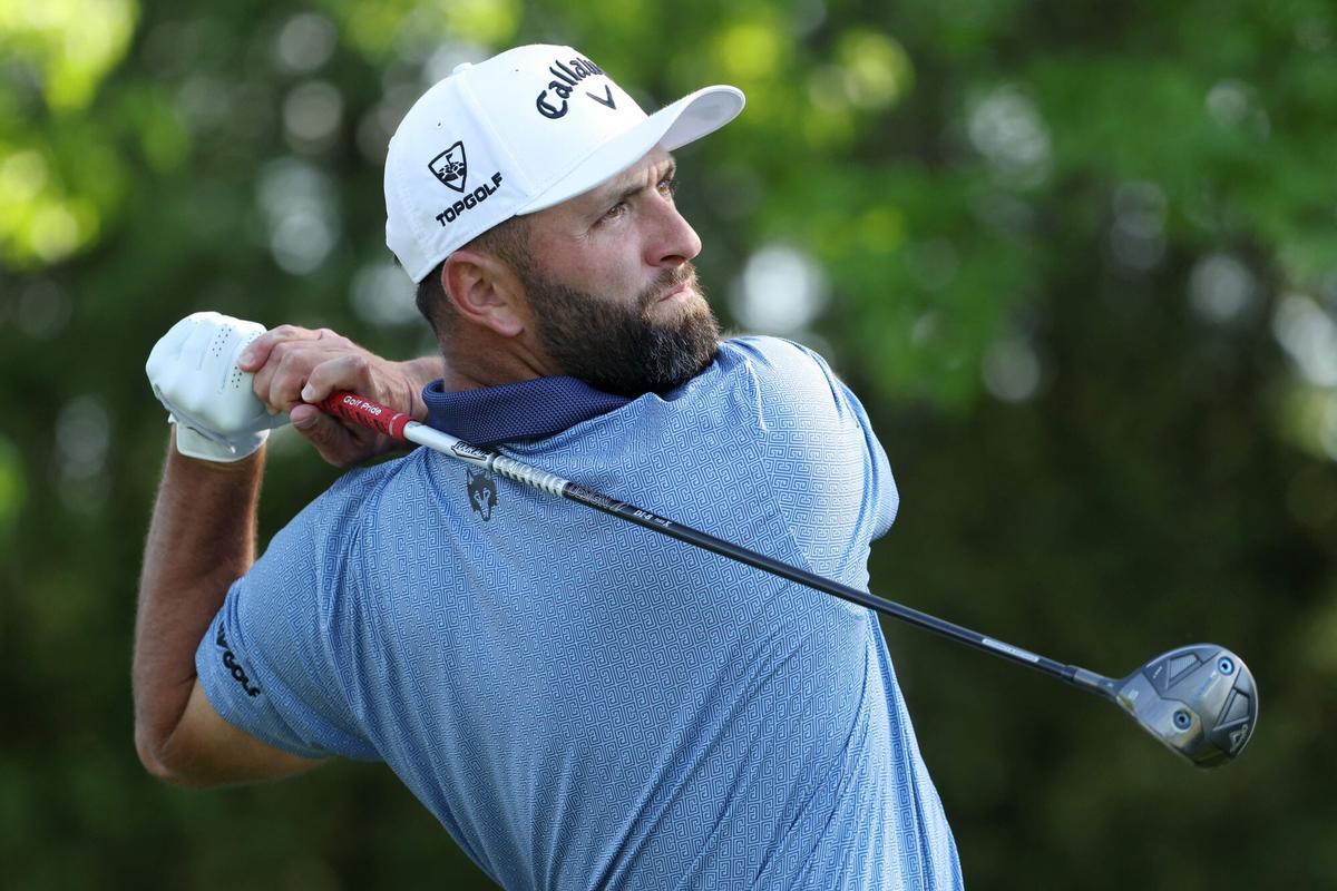 NEWTOWN, PENNSYLVANIA - MAY 17: Jon Rahm of Spain plays his shot from the 13th tee during the final round of the PGA Championship at Aronimink Golf Club on May 17, 2026 in Newtown, Pennsylvania. Jamie Squire/Getty Images/AFP (Photo by JAMIE SQUIRE / GETTY IMAGES NORTH AMERICA / Getty Images via AFP)