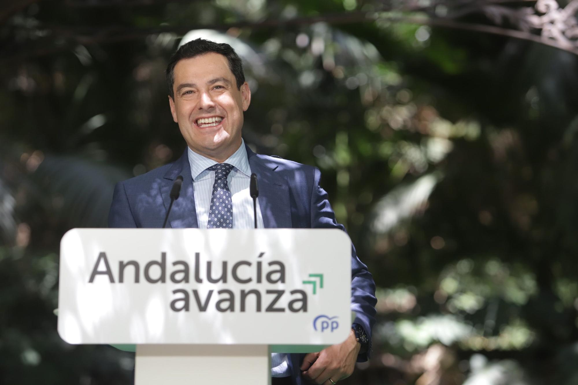 El presidente del PP-A y de la Junta, Juanma Moreno, durante el acto de balance del 'Gobierno del cambio', organizado por el PP-A a 19 de mayo del 2022 en Málaga.
