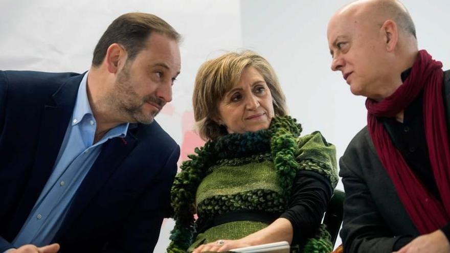 De izquierda a derecha, el diputado valenciano José Luis Ábalos, la senadora asturiana María Luisa Carcedo y el diputado Odón Elorza, ayer en Reocín (Cantabria).