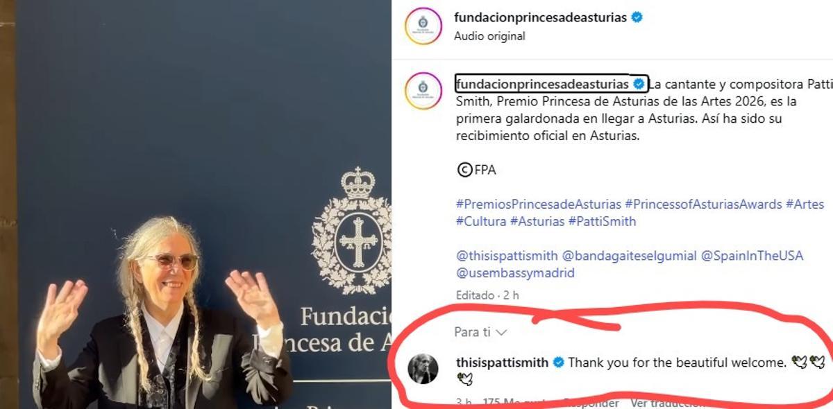 El mensaje de Patti Smith en las redes de la Fundación.