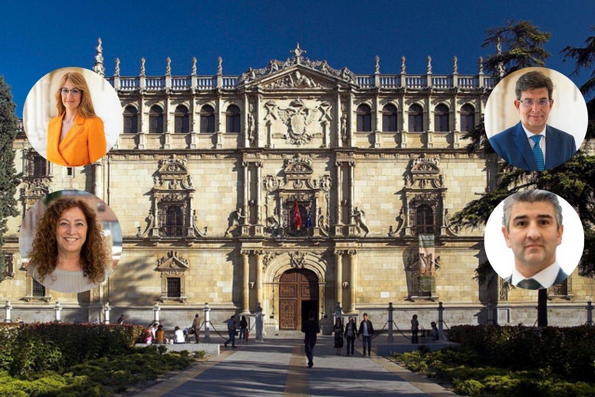 La Universidad de Alcalá busca nuevo rector o rectora: a la izquierda superior, María Sarabia, en la parte inferior María Jesús Such Devesa, en la derecha inferior Antonio Portilla, y en la parte superior Carmelo García
