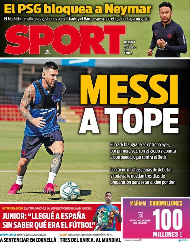 Portada del SPORT del 22 de agosto de 2019