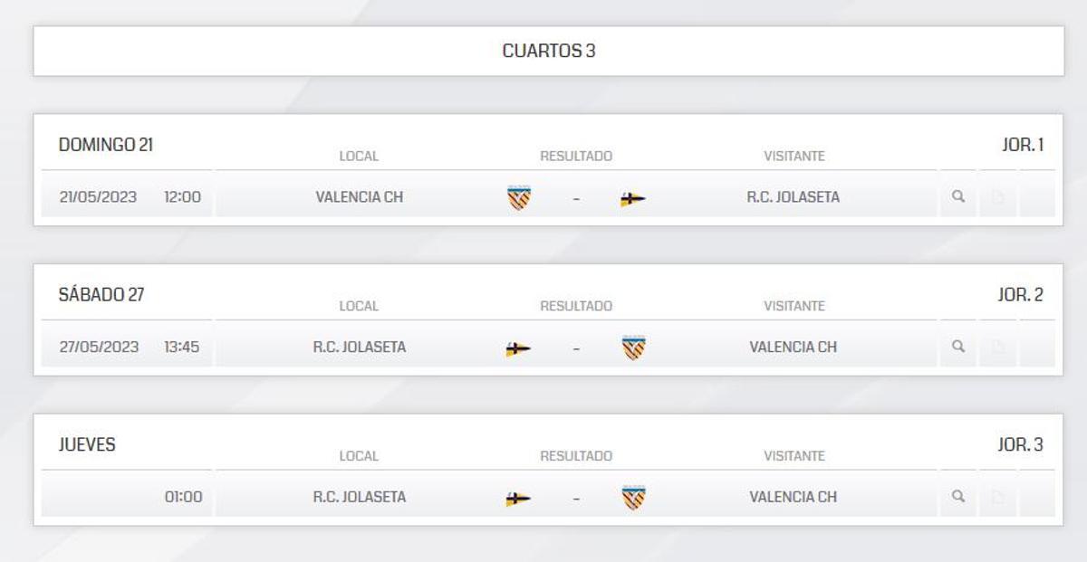 Calendario de los cuartos de final oara el Valencia CH.