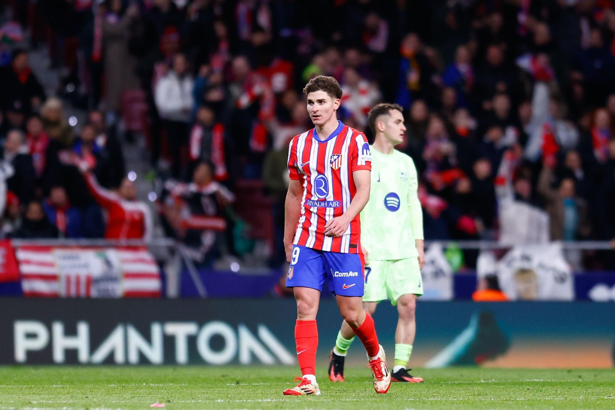 Julian Alvarez of Atletico de Madrid celebrates a goal during the Spanish League, LaLiga EA Sports, football match played between Atletico de Madrid and FC Barcelona at Riyadh Air Metropolitano stadium on March 16, 2025, in Madrid, Spain. AFP7 16/03/2025 ONLY FOR USE IN SPAIN. Dennis Agyeman / AFP7 / Europa Press;2025;SPAIN;SPORT;ZSPORT;SOCCER;ZSOCCER;Atletico de Madrid v FC Barcelona - LaLiga EA Sports;