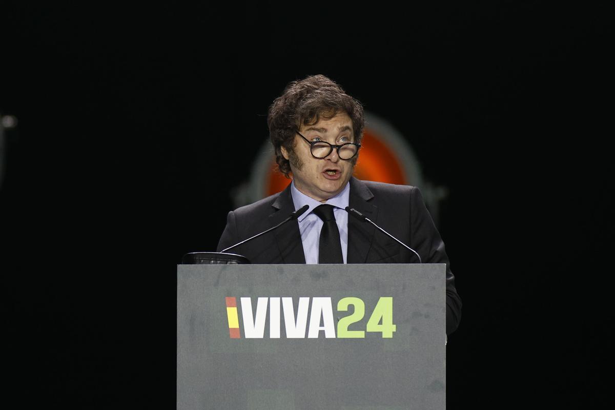 Javier Milei, presidente de Argentina , durante su intervención en la convención política de Vox Europa Viva 24 que se celebra este domingo en el Palacio de Vistalegre.