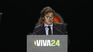 Javier Milei, presidente de Argentina , durante su intervención en la convención política de Vox Europa Viva 24 que se celebra este domingo en el Palacio de Vistalegre.