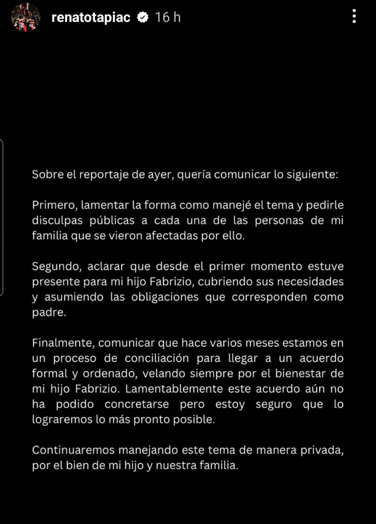 Comunicado de Renato Tapia, publicado en sus 'stories'.