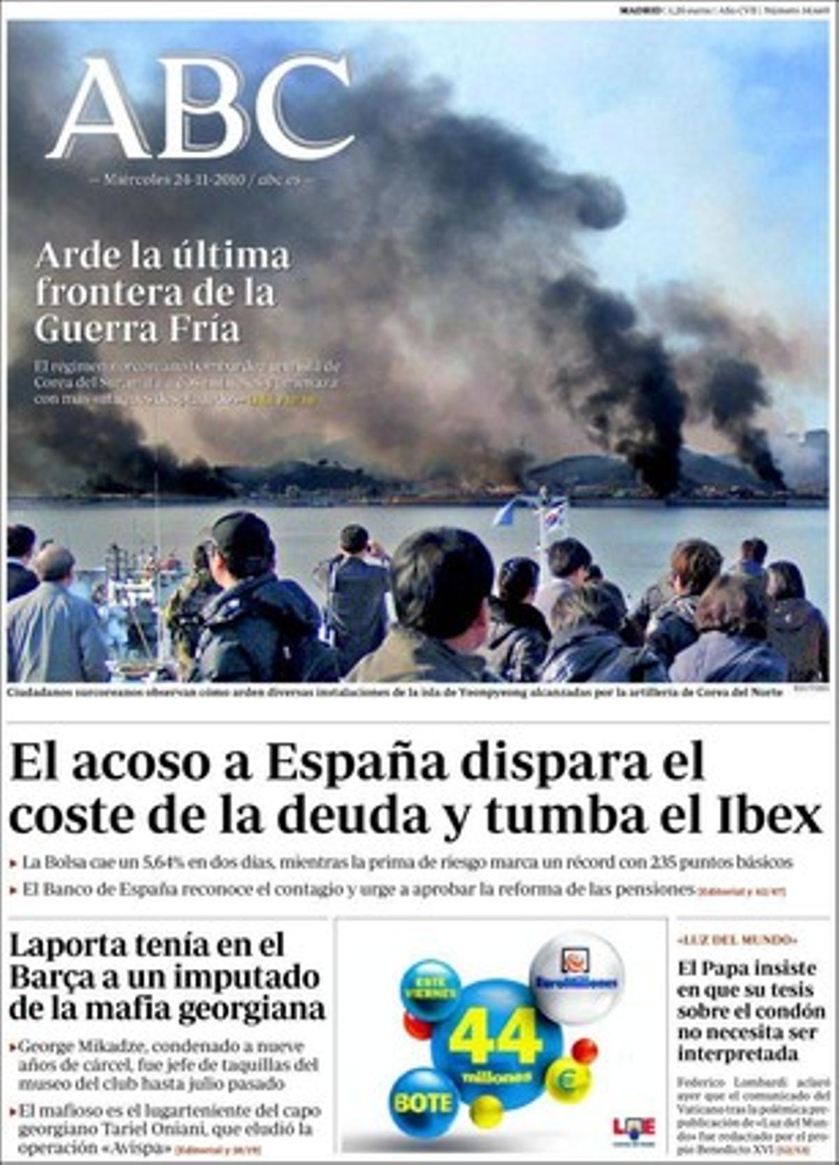 ’Abc’ destaca també que creix als Estats Units la fúria contra els escorcolls als aeroports, que Europa insta Irlanda a accelerar l’ajust per posar fi a l’especulació contra l’euro, i que el Museu Reina Sofia celebra els seus primers 20 anys.