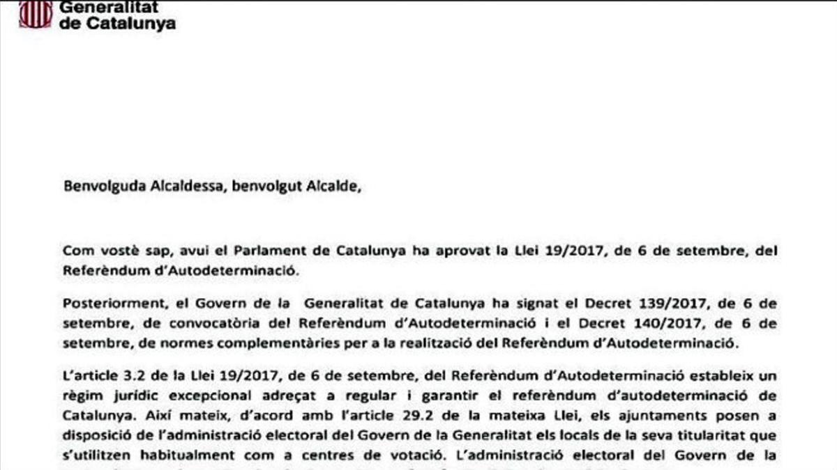 Carta a los alcaldes para los colegios electorales del 1-O.