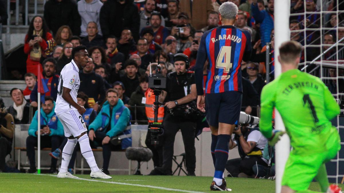 Vinicius Junior of Real Madrid celebrates a goal during the spanish league, La Liga Santander, football match played between FC Barcelona and Real Madrid at Camp Nou stadium on March 19, 2023, in Barcelona, Spain.