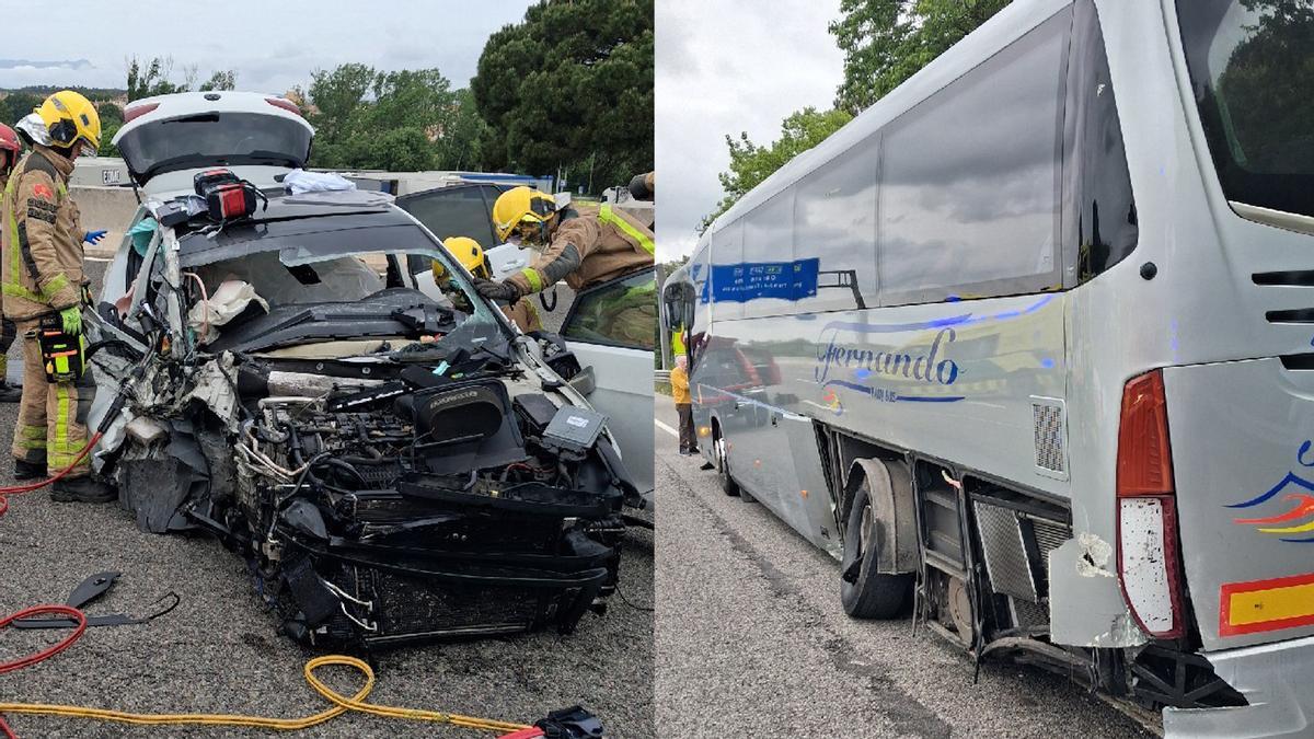 Dos imágenes del accidente en la AP-7 a la altura de Maçanet de la Selva.
