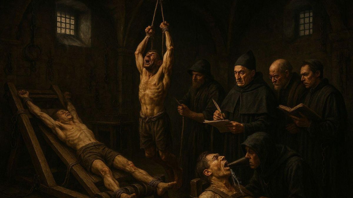 Recreación de una cámara de tortura inquisitorial con varios ajusticiados. Imagen generada con Perplexity.