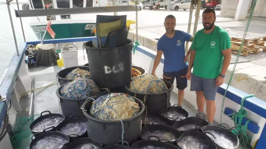 Pescadores de Gandia recogen medusas en la costa
