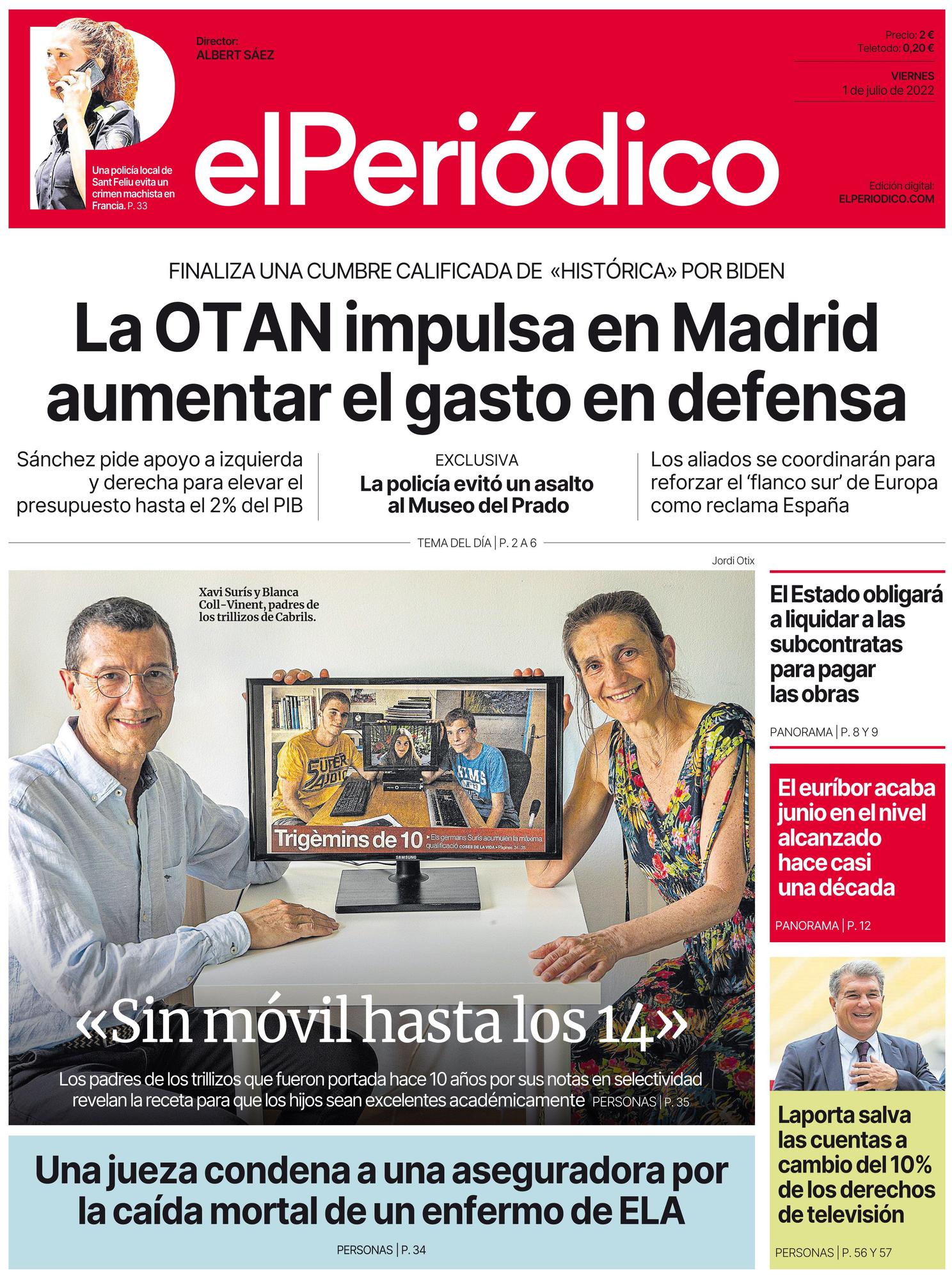 La portada de EL PERIÓDICO del 1 de julio de 2022