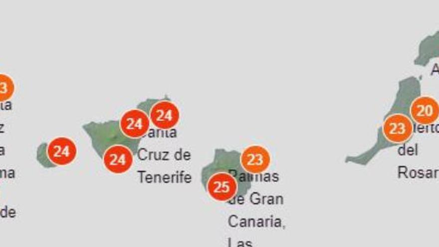 Pronóstico de temperaturas de la Aemet para las 14:00 horas de este viernes.