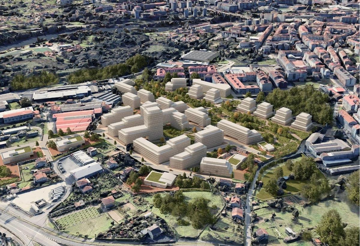 Un plano virtual sobre cómo quedará el barrio de O Vinteún tras la edificación completa del proyecto.