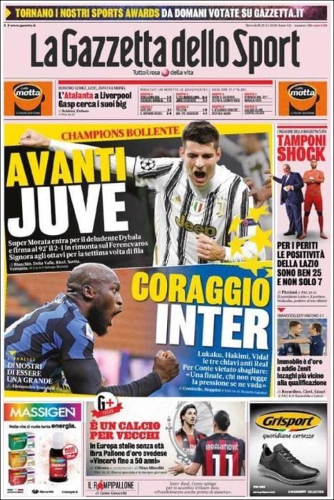 Portada GAZZETTA DELLO SPORT 25 noviembre 2020