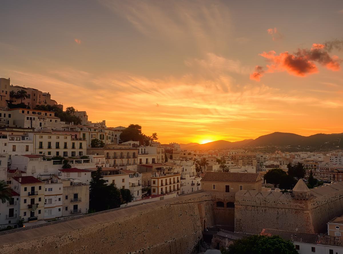Sunset from the viewpoint of the ancient city of Dalt Vila in Ibiza.