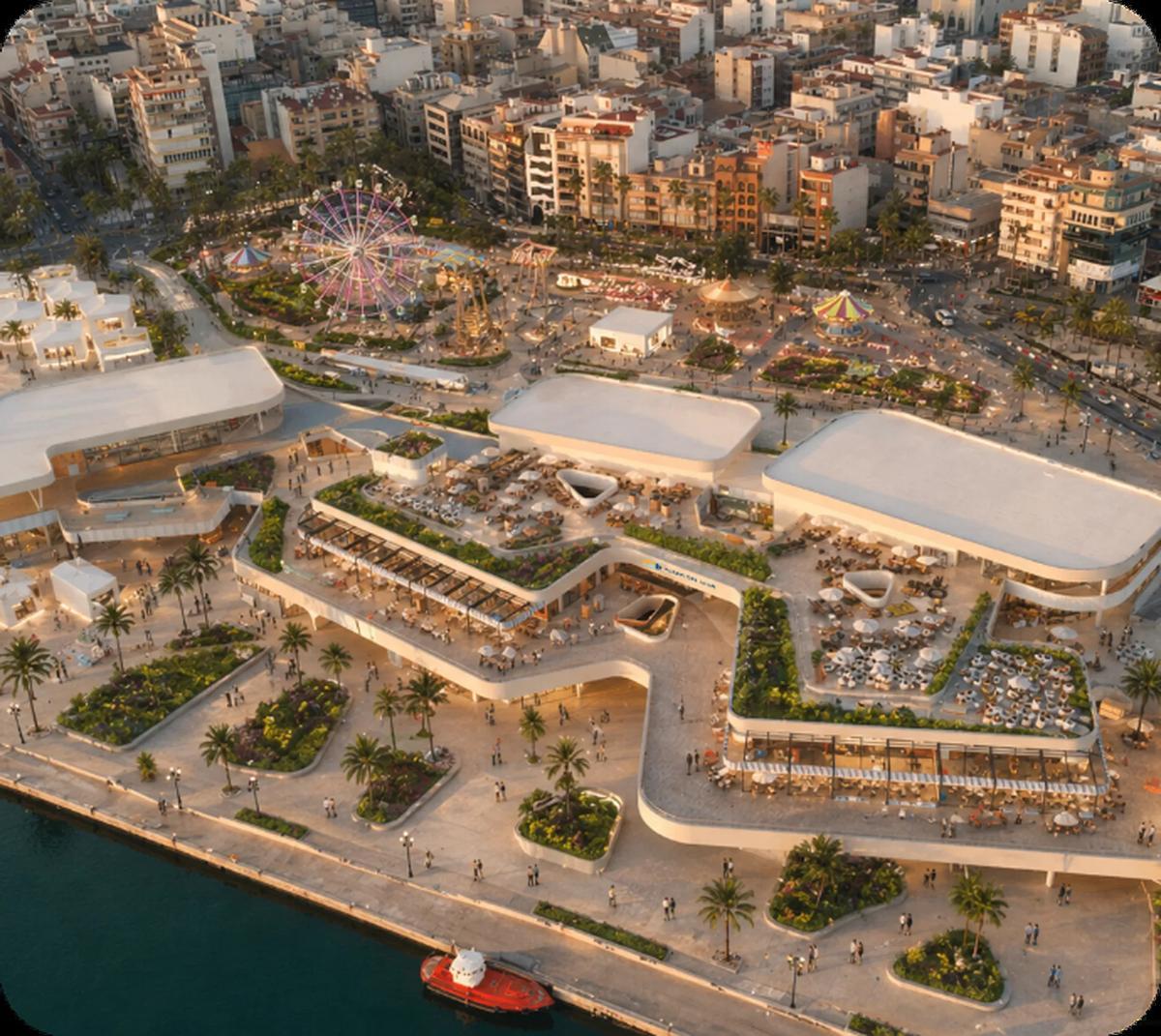 Recreación de Paseo del Mar del resultado final del entorno del centro de ocio con la feria ya en marcha , las obras terminadas y puestos de los hippies