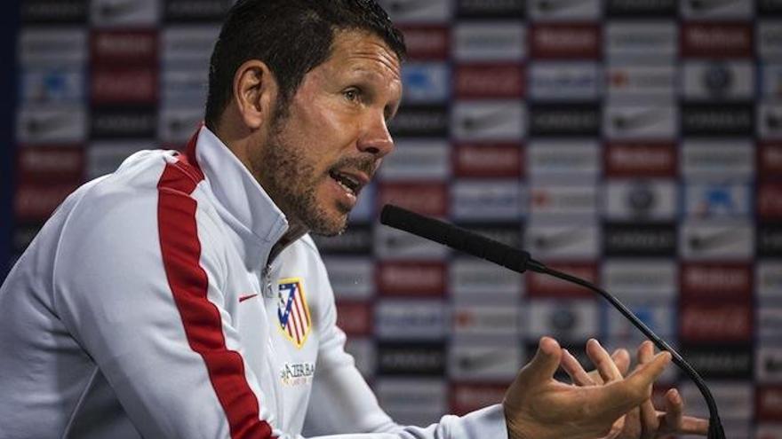 Diego Pablo Simeone durante una rueda de prensa de cara a preparar el partido de Liga que disputarán mañana frente al Málaga.