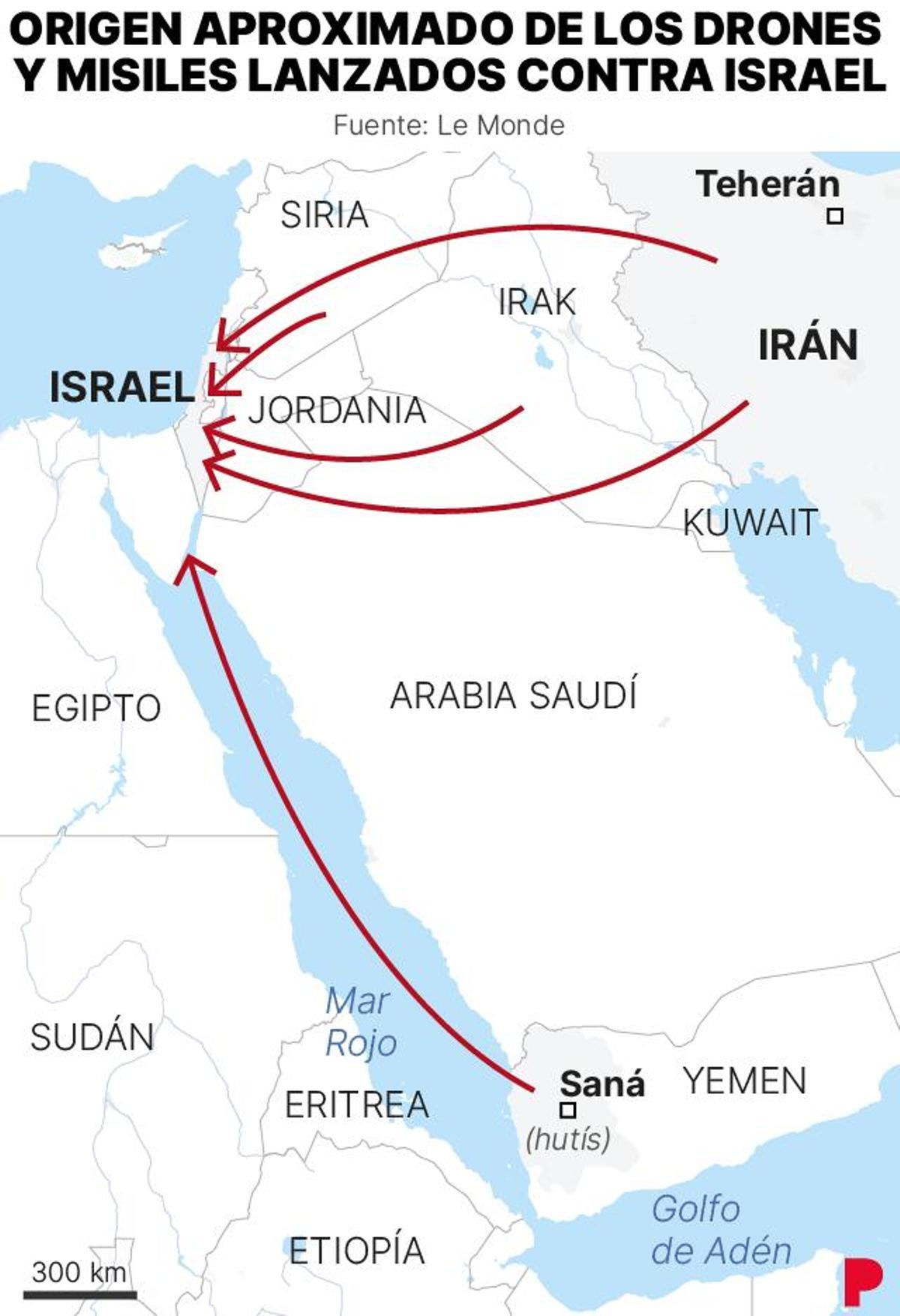 Origen aproximado de los drones y misiles lanzados contra Israel.