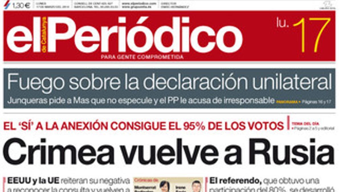 La portada de EL PERIÓDICO DE CATALUNYA del lunes 17 de marzo.