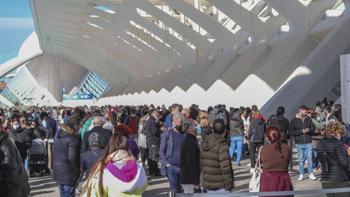 Cientos de personas acudieron ayer al punto de vacunación móvil habilitado junto al Museo de las Ciencias de València con motivo de la celebración del maratón del domingo. | FRANCISCO CALABUIG