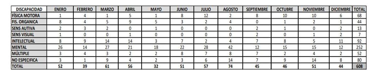 Cuadro resumen de las alertas por violencia de género de mujeres con discapacidad en el año 2025.