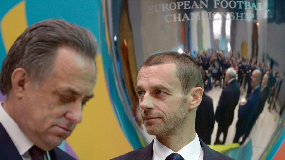 El primer ministro y presidente de la Federación Rusa de Fútbol, Valeri Mutko, junto al presidente de la UEFA, Aleksander Ceferin.