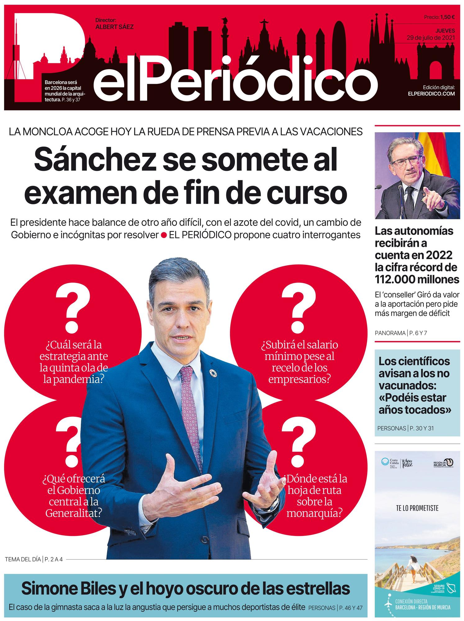 La portada de EL PERIÓDICO del 29 de julio de 2021