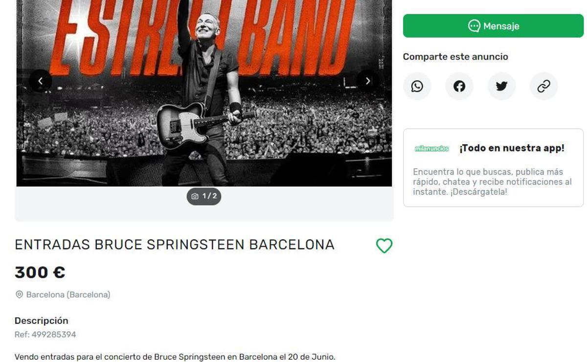 Reventa de entradas para el concierto de Bruce Springsteen en Barcelona por 300 euros.