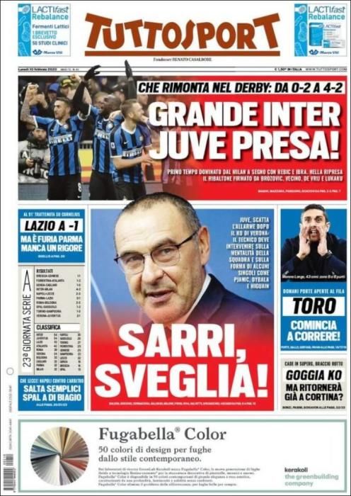 Portada TUTTOSPORT lunes 10 febrero 2020