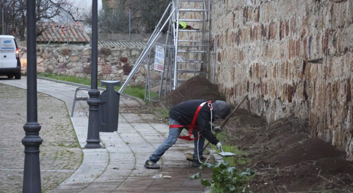 Un operario trabaja en las inmediaciones de la muralla, en la calle María de Molina. | VÍCTOR GARRIDO