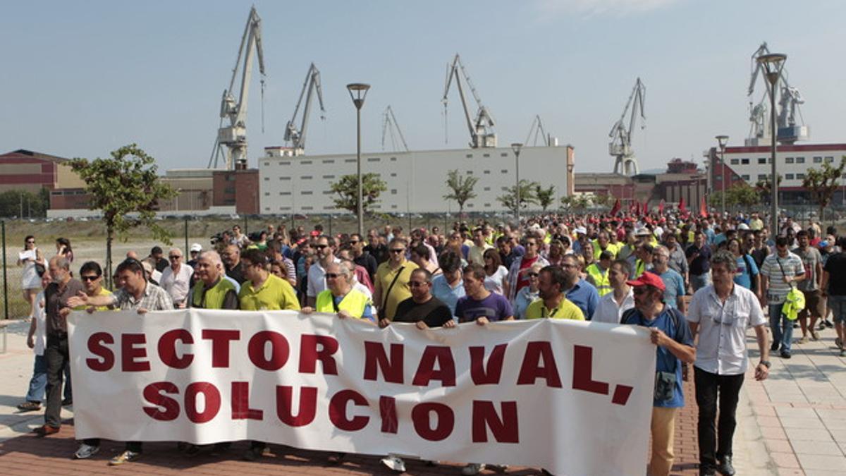 Protesta de los astilleros vizcaínos para que la UE no obligue a devolver las ayudas fiscales, en el 2013.