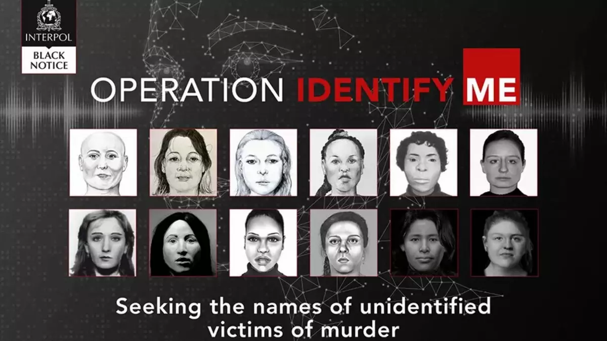 Cartel de la Interpol para tratar de identificar a mujeres víctimas de asesinato.