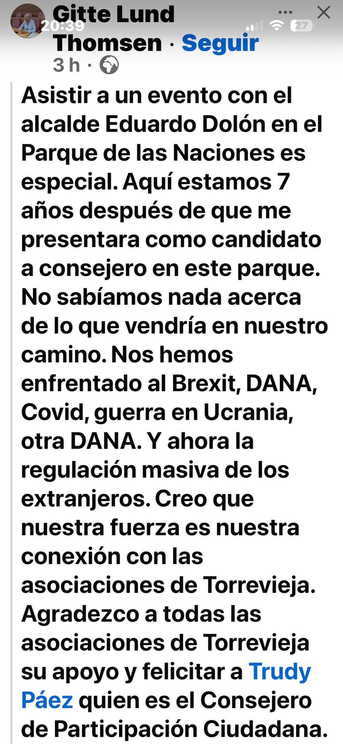 Uno de los mensajes de la edil en el que compara la DANA de Valencia, el Covid con la regularización de migrantes