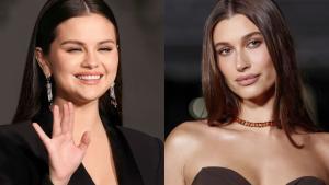 Selena Gómez y Hailey Bieber posan en la alfombra de la segunda edición de la Academy Museum Gala, celebrada en Los Ángeles. 