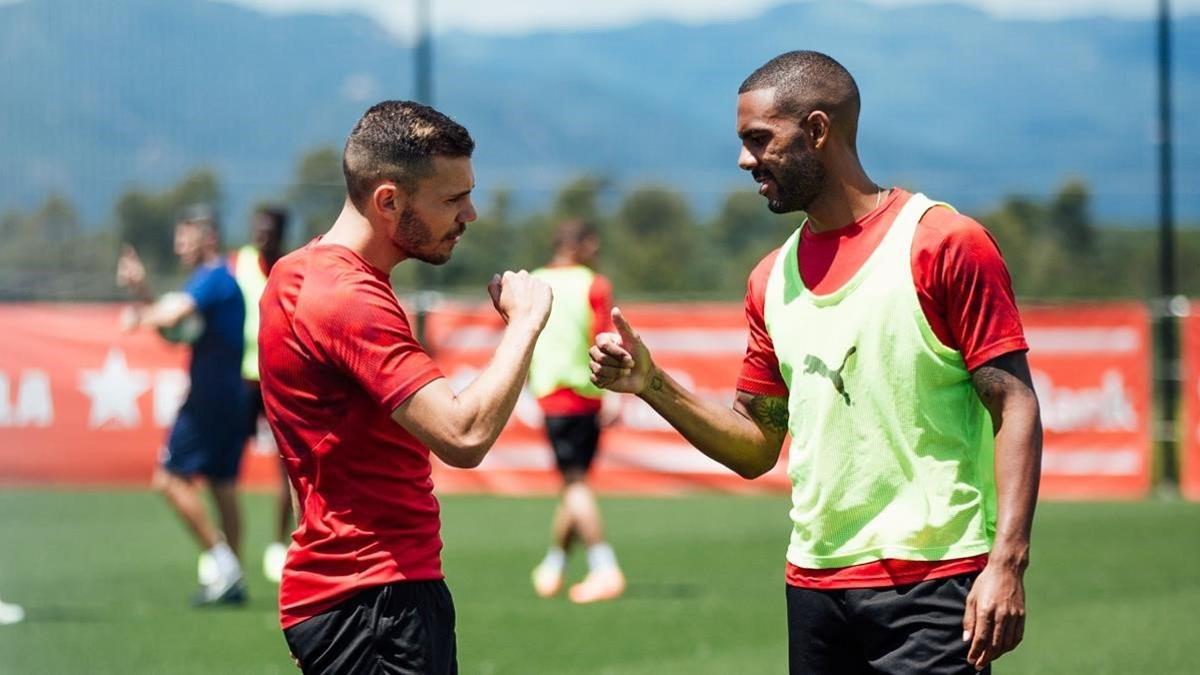 Gallar y Ramalho, en el entrenamiento del Girona en La Vinya de este viernes.