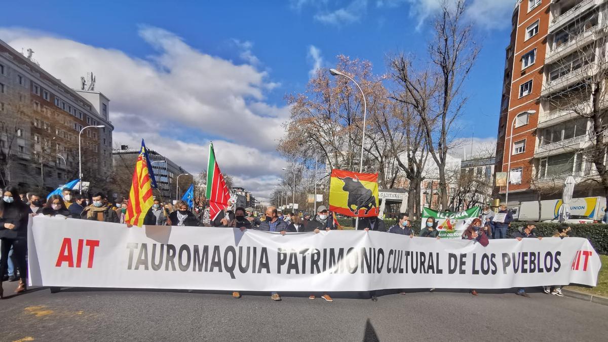 Aficionados taurinos zamoranos lucen una pancarta y banderas durante la manifestación.