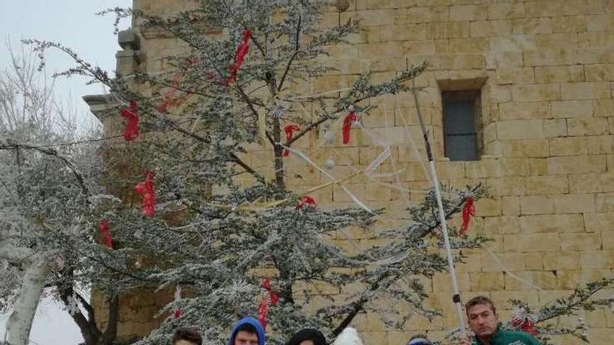 Un grupo de jóvenes ante el árbol instalado en Arcenillas.