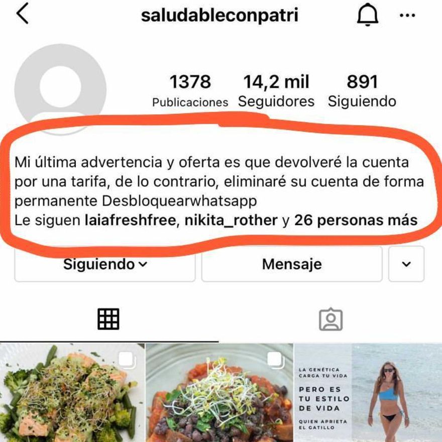 Mensaje de los hackers en el que se exige a la afectada a que pague si quiere recupera su cuenta de Instagram