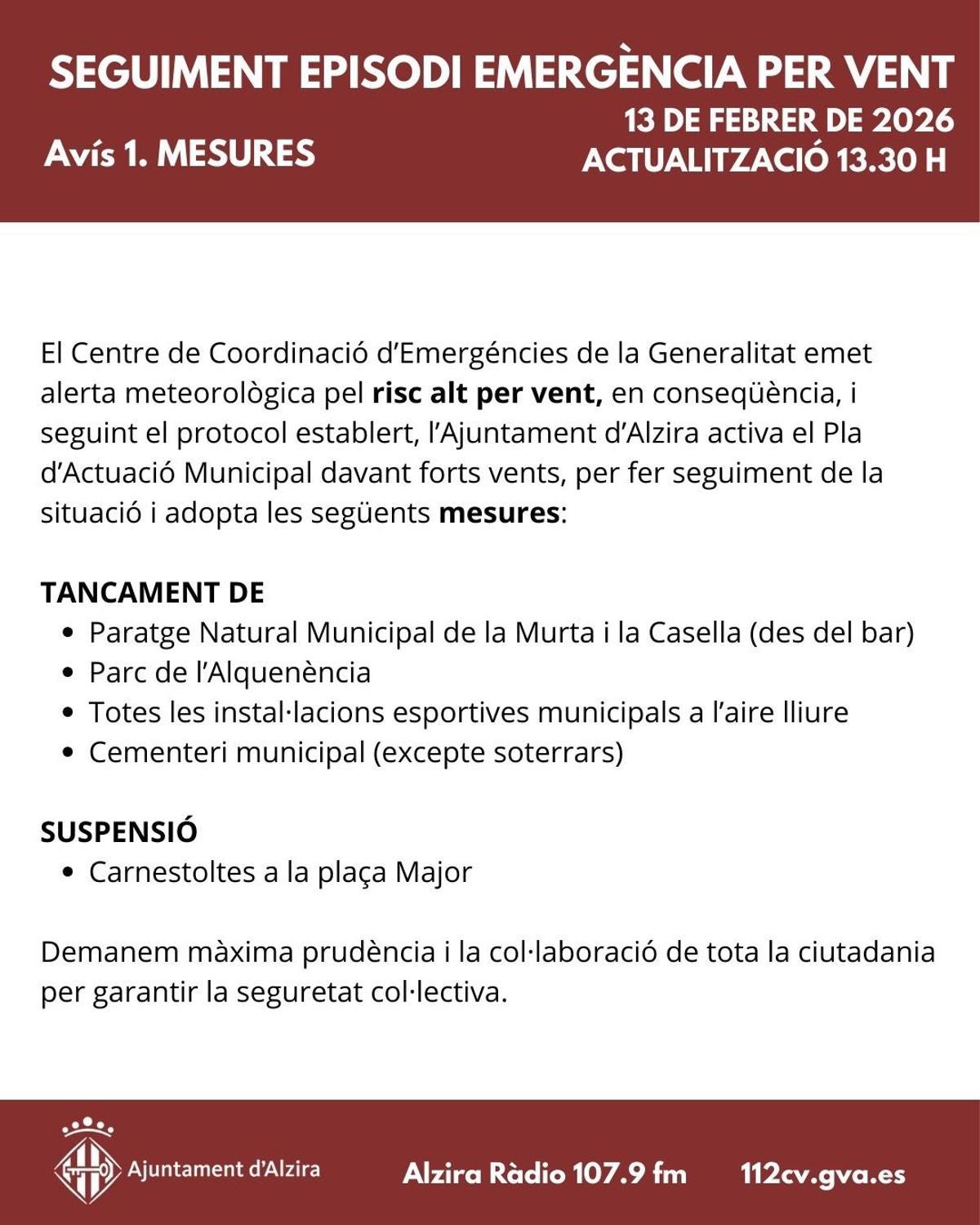 Comunicación del ayuntamiento de cierre de espacios públicos y suspesión del carnaval.