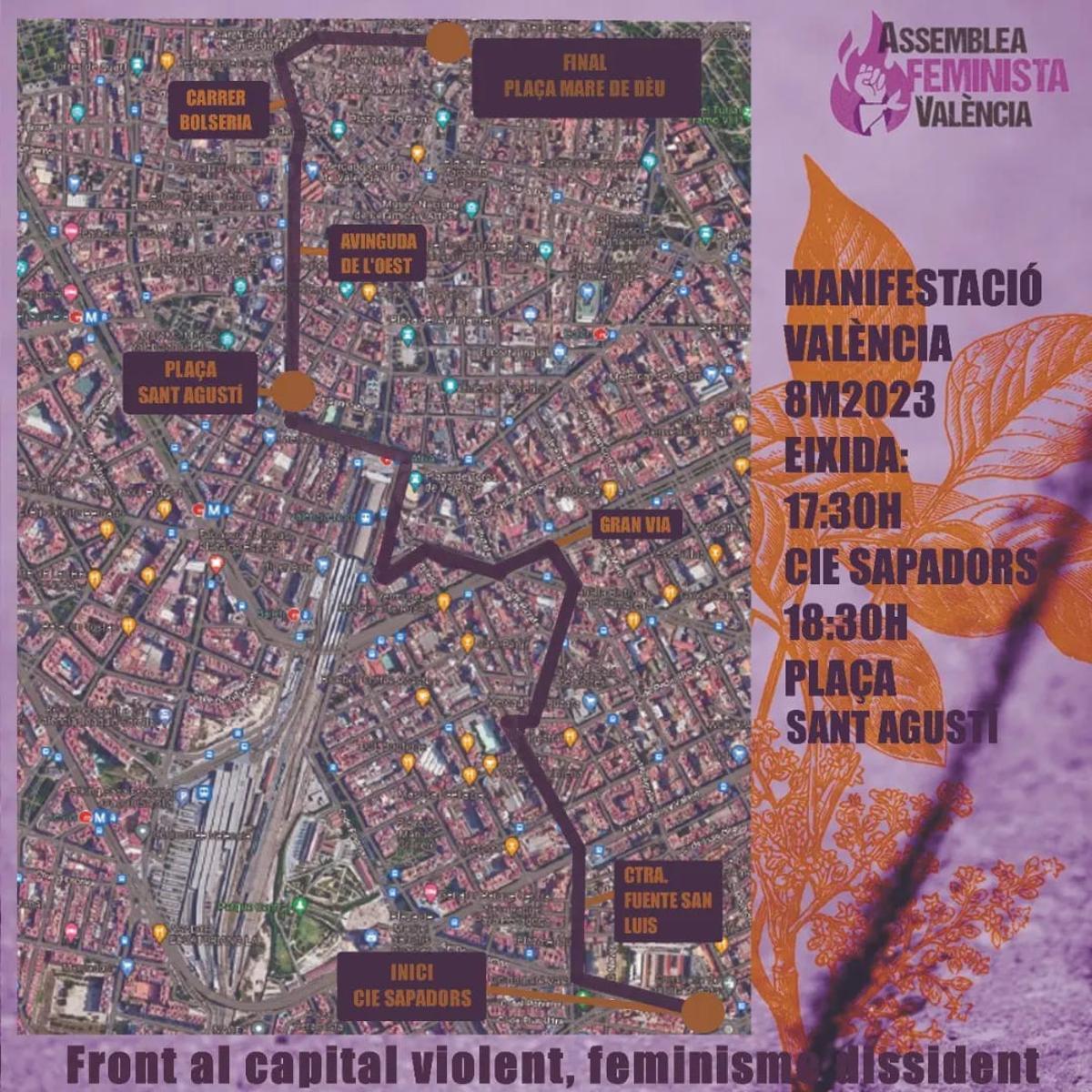 Recorrido de la manifestación 8M organizado por la Asamblea Feminista de València.