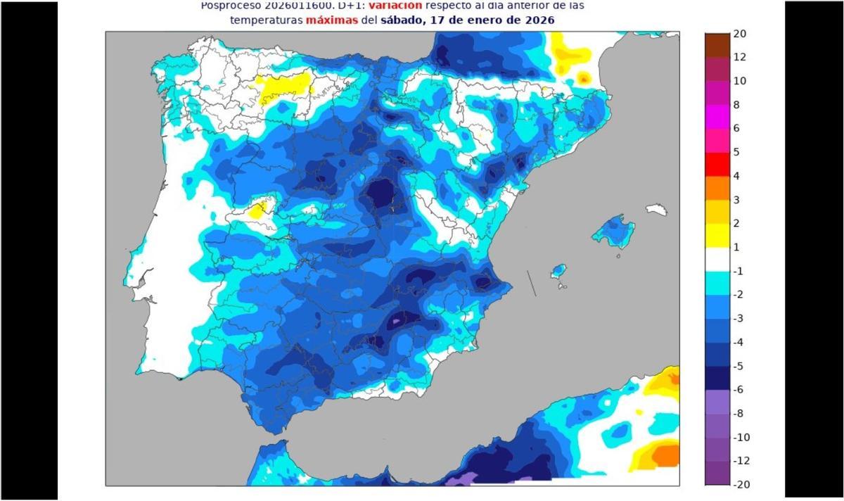 Variación de temperaturas hoy sábado, 17 de enero, según el pronóstico de la Aemet.
