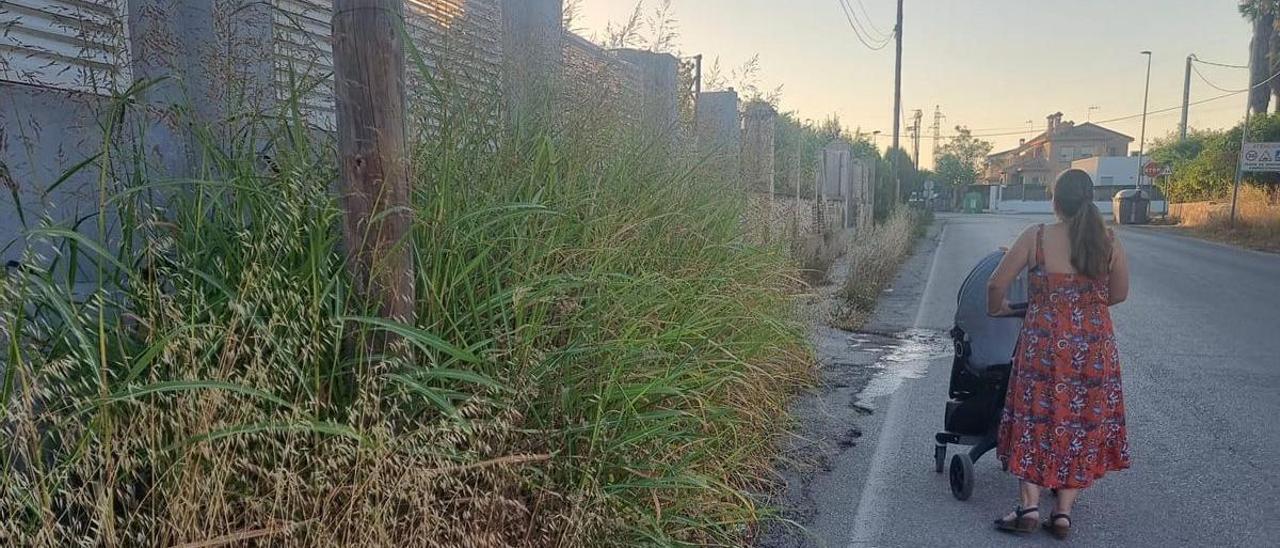 Una mujer con un carrito paseando por la carretera en Moncada.