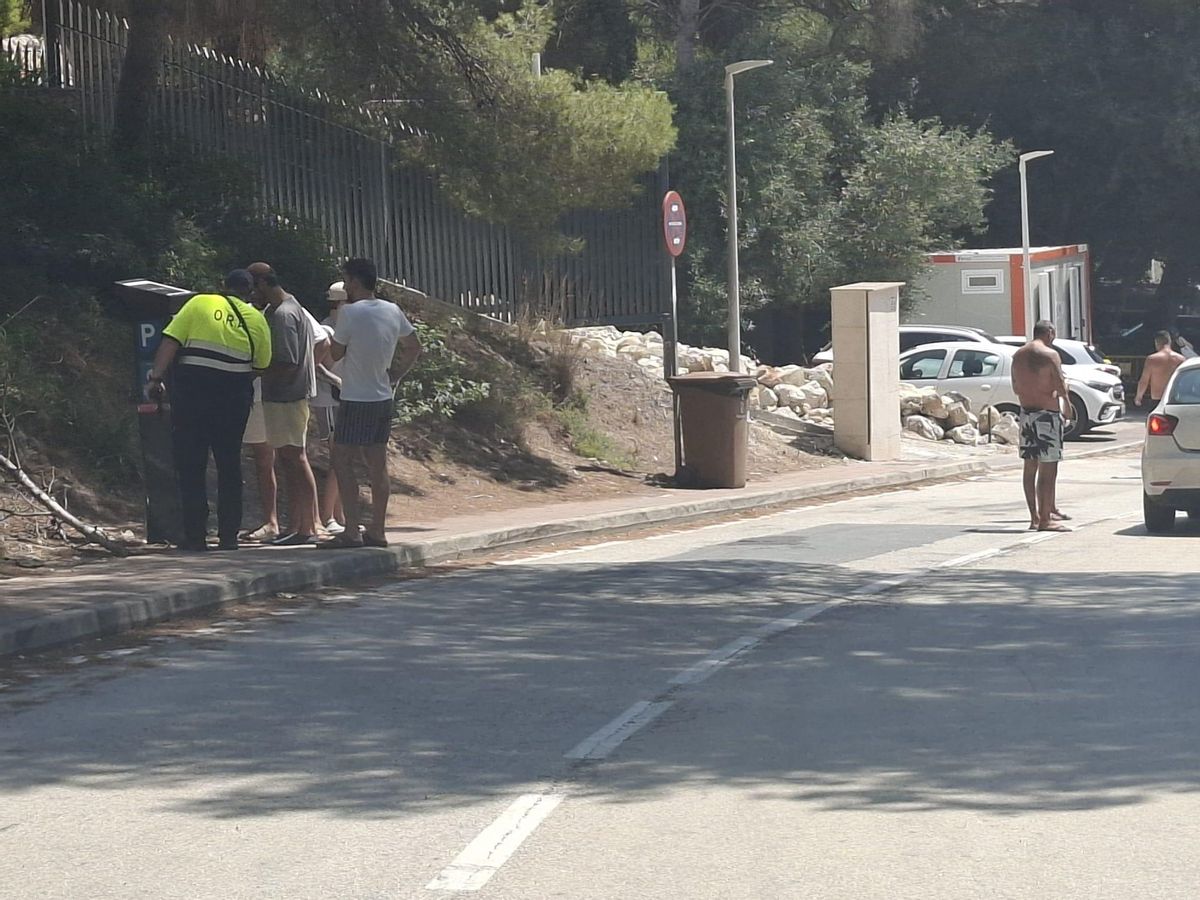 Los bañistas sacan el tique en uno de los parquímetros de la playa de la Barraca