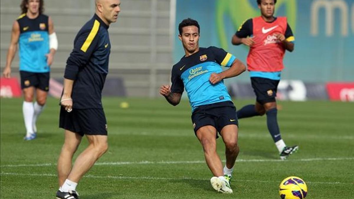 Thiago, en un entrenamiento del Barça.