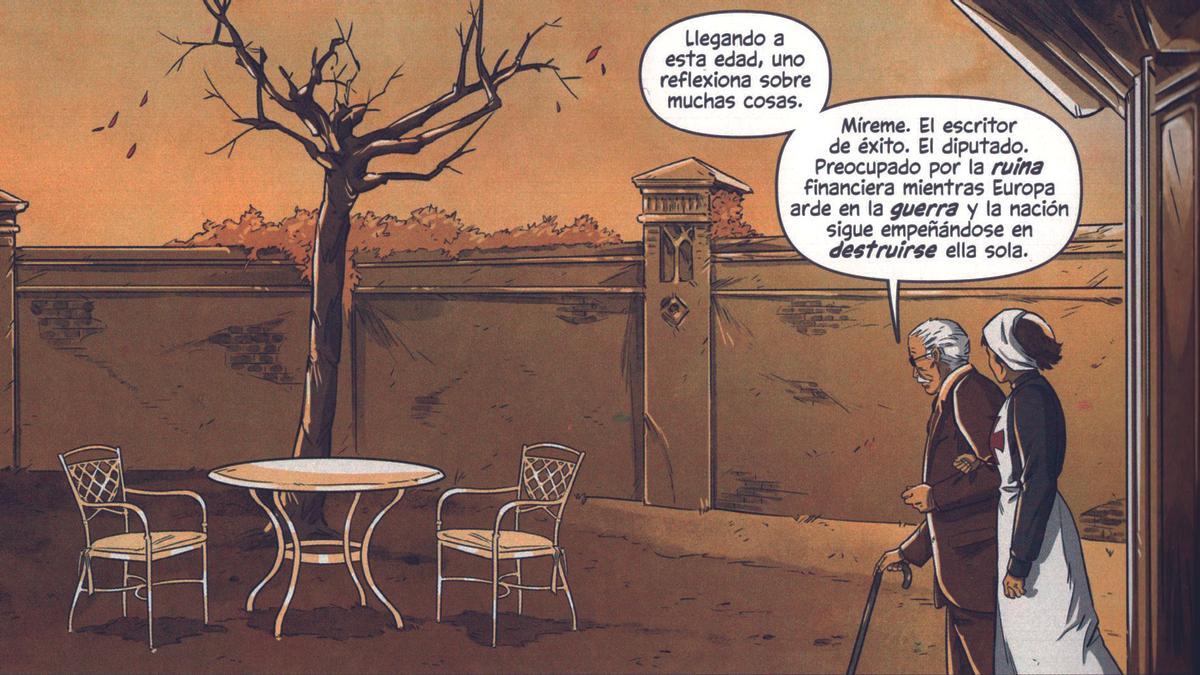 Una de las viñetas del cómic ‘Galdós y la miseria’ en donde el escritor grancanario reflexiona sobre su vida acompañado de Elena Miserias que actúa como su enfermera.