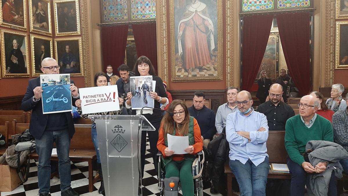 Representantes de Patinetes y Bicis a Raya, con Maria Fuster en silla de ruedas, han intervenido en el pleno.